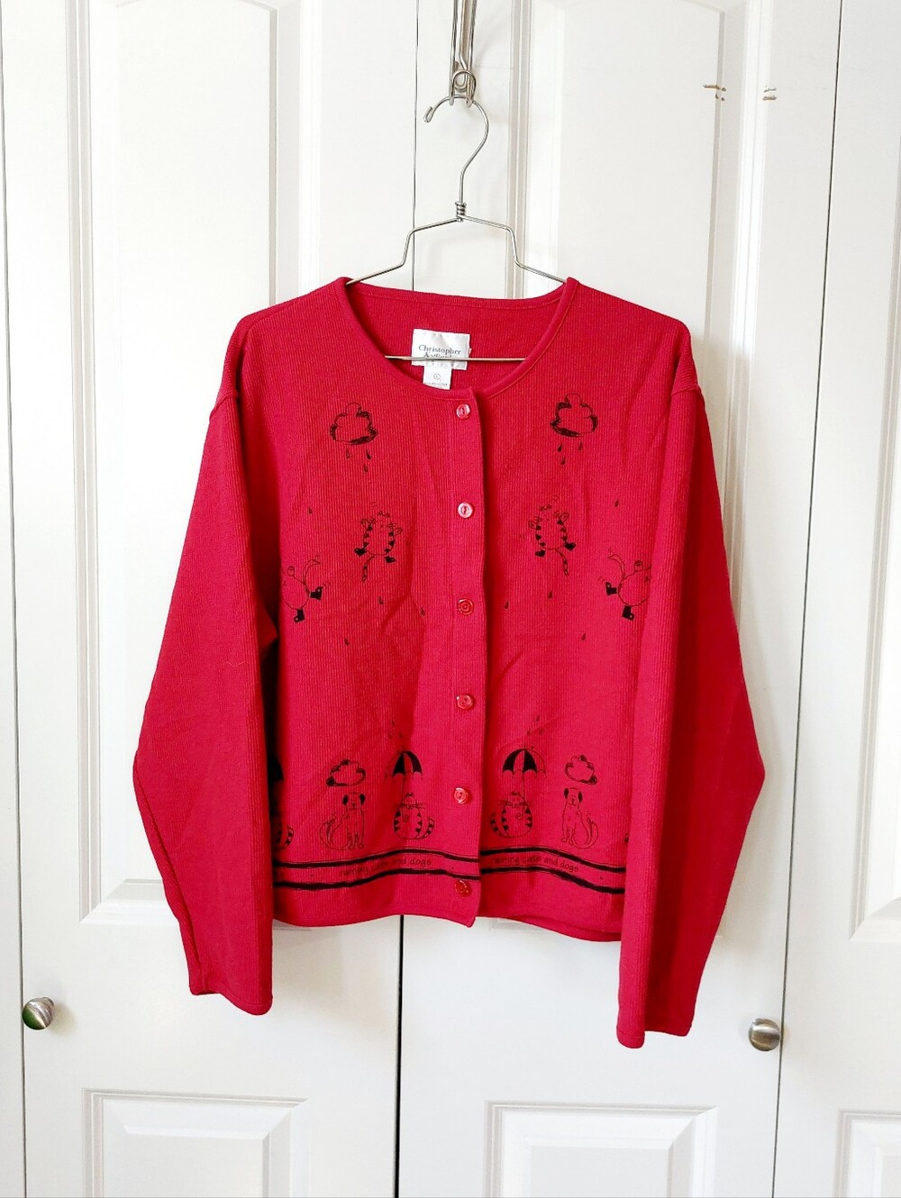 Red Raining Cats & Dogs Waffle Knit Cardigan Large Christopher & Banks Teacher